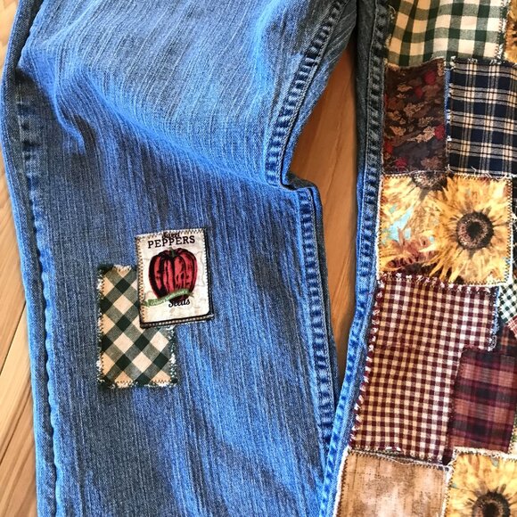 Upcycled Patchwork Jeans, 16P: Plaids, Spring Garden Sunflower Patches, Reworked - Picture 9 of 12